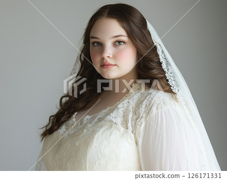 Plus-size bride in elegant wedding dress, mid-thigh shot, soft and graceful pose. Plus-size bride in elegant wedding dress, mid-thigh shot, soft and graceful pose. 126171331