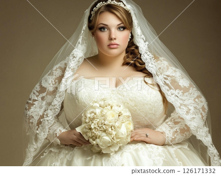 Plus-size bride in elegant wedding dress, mid-thigh shot, soft and graceful pose. Plus-size bride in elegant wedding dress, mid-thigh shot, soft and graceful pose. 126171332