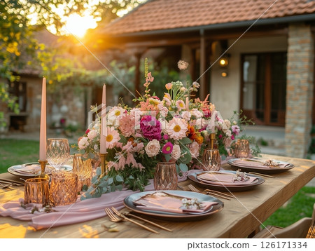 Rustic outdoor banquet with pink flowers, linens, vintage chairs, sunlight, and greenery backdrop. Rustic outdoor banquet with pink flowers, linens, vintage chairs, sunlight, and greenery backdrop. 126171334