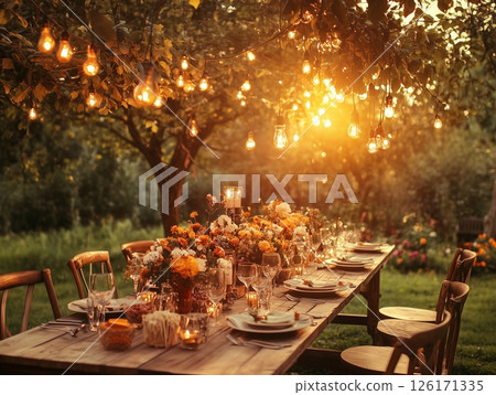 Outdoor wedding banquet with string lights, rustic wooden chairs, white cloth, and pink florals. Outdoor wedding banquet with string lights, rustic wooden chairs, white cloth, and pink florals. 126171335