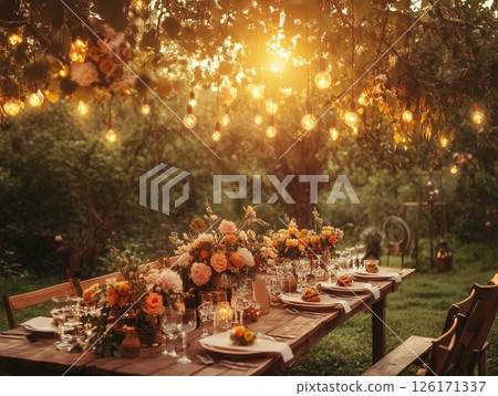 Outdoor wedding banquet with string lights, rustic wooden chairs, white cloth, and pink florals. 126171337