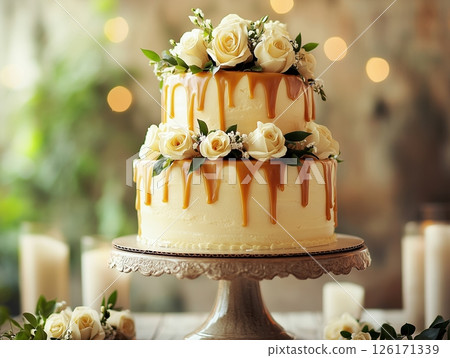 Elegant wedding cake decorated with flowers and caramel, perfect centerpiece for a romantic celebration. 126171339