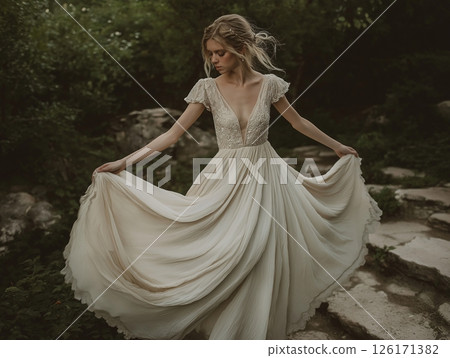 Bride in vintage A-line dress outdoors, elegant and timeless with natural surroundings. 126171382