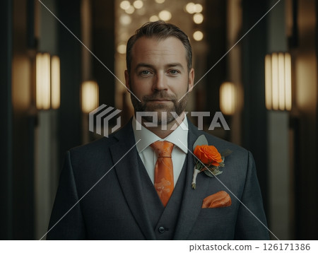 Groom portrait in wedding suit with boutonniere, elegant and confident look. 126171386