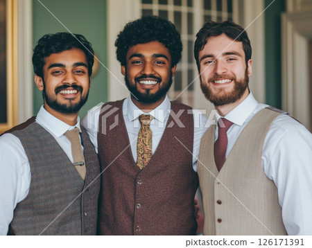 Groomsmen of different nationalities in festive clothes, white shirts and classic vests, posing together, stylish and classic wedding moment. 126171391