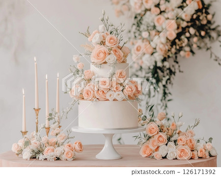 Elegant white wedding cake decorated with pink flowers, perfect centerpiece for a romantic celebration. 126171392