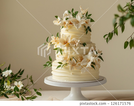 Elegant wedding cake decorated with flowers, perfect centerpiece for a romantic celebration. 126171576