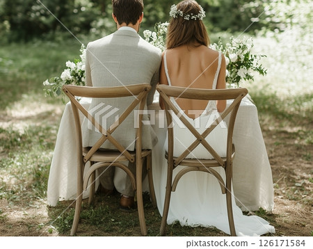 Back view of bride and groom seated at rustic outdoor table on wooden chairs, natural setting. 126171584