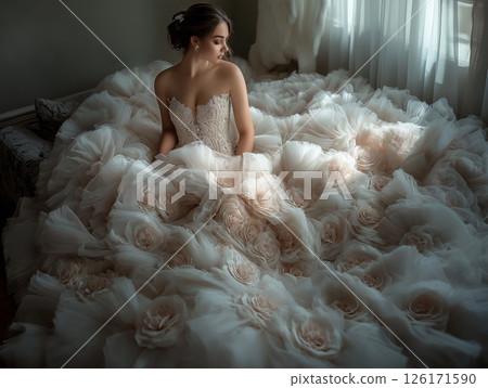 Bride sitting in wedding dress with voluminous skirt, elegant and fairytale-like moment. 126171590