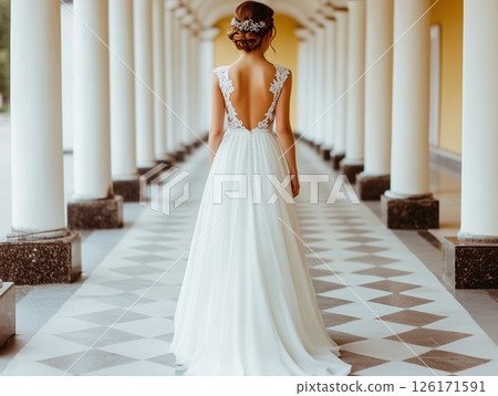 Bride standing back to camera in historic building with colonnade, elegant and classic scene. Bride standing back to camera in historic building with colonnade, elegant and classic scene. 126171591