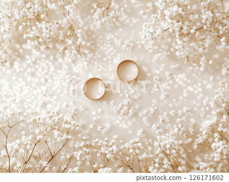 Wedding rings on beige background with white gypsophila, soft and romantic composition. 126171602
