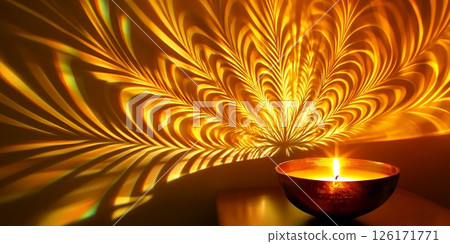Golden Mandala Light Projection with Burning Candle Spiritual Wellness Relaxation 126171771