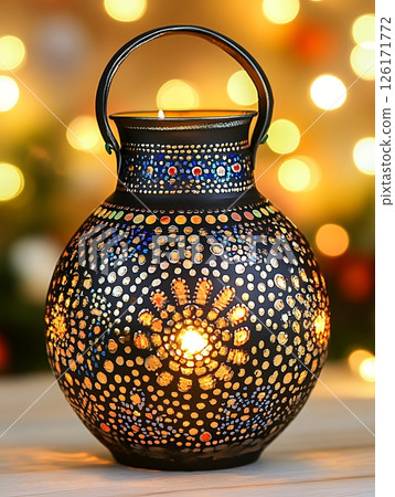 Illuminated Hand Painted Metal Lantern with Boho Chic Dot Design Festive Warm Light 126171772