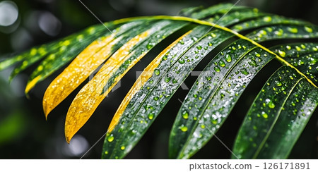 Vibrant Green and Yellow Tropical Leaves with Dew Drops Close Up Nature Photography 126171891