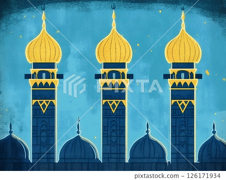 Three Majestic Golden Domes of a Mosque at Night Islamic Architecture Illustration 126171934