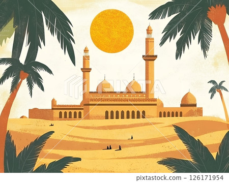 Majestic Desert Mosque at Sunset Architectural Illustration of Islamic Building in Arid Landscape 126171954