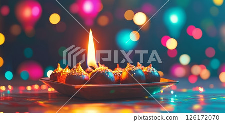Festive Diwali Oil Lamps with Glitter Burning Flame Bokeh Lights Background 126172070