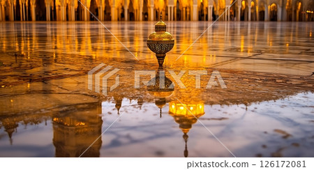 Golden Ornate Lantern Reflecting in Wet Mosque Courtyard at Sunset 126172081