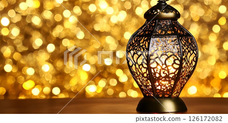 Illuminated Festive Ramadan Lantern with Golden Bokeh Lights Background 126172082
