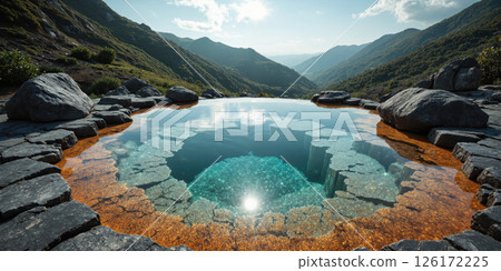 Sacred Geometry Waters Perfectly circular natural hot spring creating abstract mandala-like patterns in mineral-rich water with turquoise and copper color Sacred Geometry Waters Perfectly circular natural hot spring creating abstract mandala-like patterns in mineral-rich water with turquoise and copper color 126172225