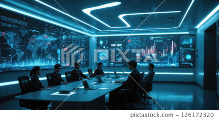 Illuminated Convergence of Data and Desire A futuristic boardroom bathed in luminous light, where transparent screens showcase flowing data streams Illuminated Convergence of Data and Desire A futuristic boardroom bathed in luminous light, where transparent screens showcase flowing data streams 126172320