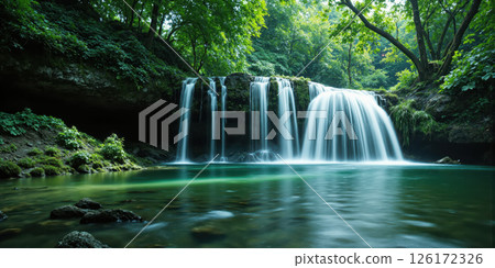 Cascading Waterfall Serenity Pristine waterfall cascading over moss-covered rocks in a secluded forest grotto. Long exposure captures the silky flow 126172326