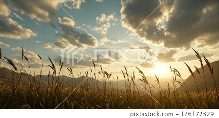 Whispering Winds of Change A panoramic view of a windswept landscape with tall grasses bending under a dramatic sky, where 126172329