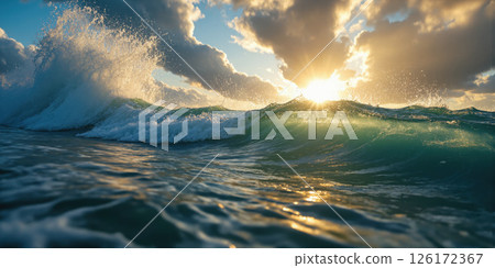Sunlit Wave Detail Extreme close-up of ocean wave crest with sunlight illuminating the water from behind, revealing intricate details Sunlit Wave Detail Extreme close-up of ocean wave crest with sunlight illuminating the water from behind, revealing intricate details 126172367