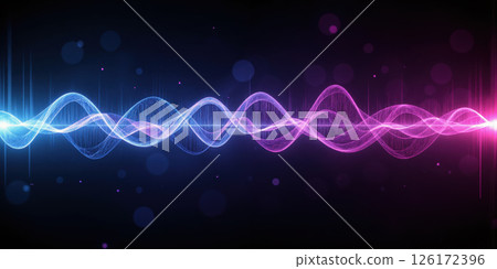Vibrant Sound Wave Visualization Dynamic audio waveform rendered as flowing bands of neon color against deep black background. Electric blues 126172396