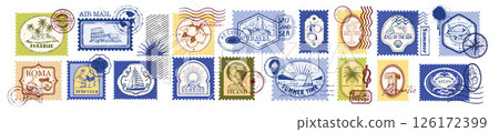 Summer travel postage ocean stamp set, vector hand drawn vintage engraved nautical postcard print.  126172399