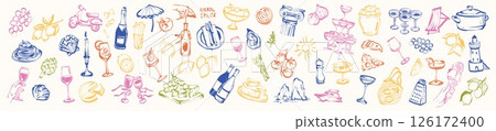 Italy food travel doodle set, summer vacation hand drawn icons, Italian traditional eatery graphic.  126172400
