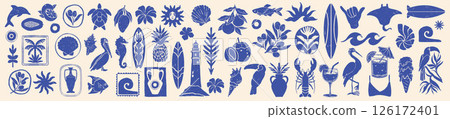 Tropical summer ocean print kit, hand drawn exotic nature silhouette stamp, vintage coastal logo. 126172401