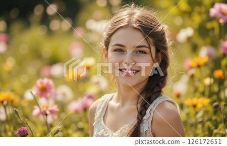 Girl Flowers Field: Smiling Teenager poses amidst blooming wildflowers, Summer, joyful portrait. 126172651
