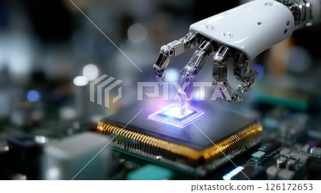 Robot hand interacting with computer chip in a futuristic technology setting Robot hand interacting with computer chip in a futuristic technology setting 126172653