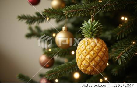 Christmas tree ornament shaped like a juicy pineapple slice, with sharp focus on the bright yellow flesh, textured surface, 126172847