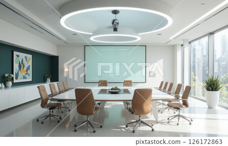 Corporate strategy room with AI-powered presentation tools, sleek minimalist design, and ergonomic furniture. This room features a high-end conference table, smart chairs, 126172863