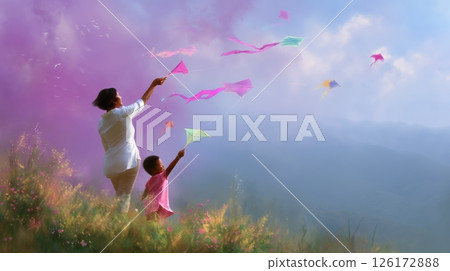 Colorful kites soar into the sky as a parent and child enjoy a sunny day on a hillside Colorful kites soar into the sky as a parent and child enjoy a sunny day on a hillside 126172888
