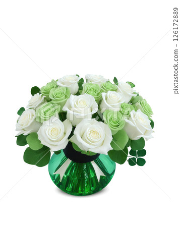 St. Patrick's Day Luck (Shamrocks Bells of Ireland White Roses) rounded green-tinted vase with clear water, holding a 126172889