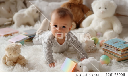 Baby playing on fluffy rug surrounded by stuffed animals and toys in cozy indoor setting 126172906