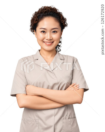 Asian woman aged 20-30 years old, wearing medical uniform, looking happy without glasses, with curly hair and brown hair. 126172920