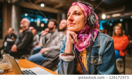 Muslim woman in hijab attentively listening with headphones during conference session 126172973