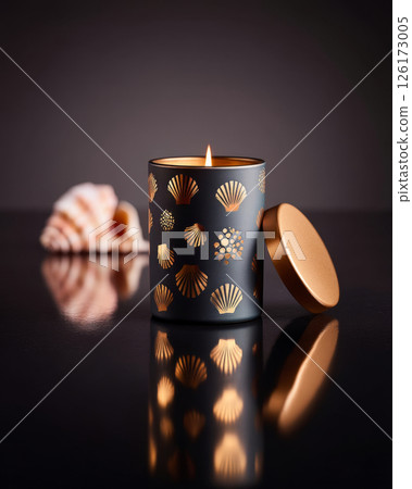 Luxury black candle with golden seashell pattern and soft flame on elegant backdrop 126173005