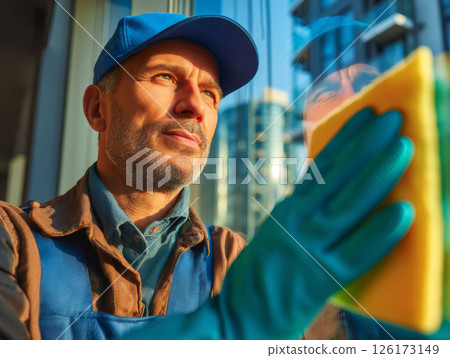 Cleaner wearing cap and gloves wiping exterior glass window in afternoon sun reflection 126173149