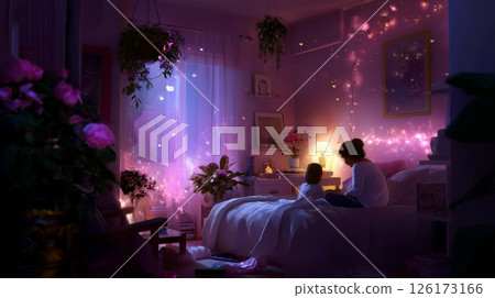 Mother and child share a magical evening in a cozy bedroom filled with shimmering lights and plants 126173166