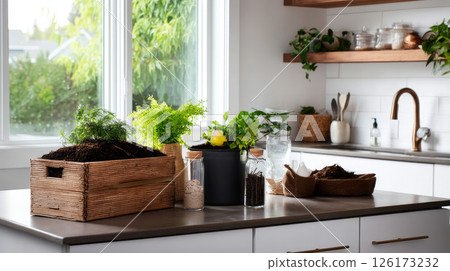 Colorful bins for sorting of plastic, paper garbage and organic waste at home. Modern kitchen with a system for sorting waste. Waste Separation Concept. Zero waste. Eco-friendly. 126173232