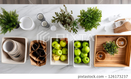 Household waste split between trash, recycle and compost, trash cans made of plastic, public trash cans, there are instructions for sorting waste. Recycling of waste, zero waste production, 126173237