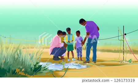 Family engages in outdoor water play while enjoying a sunny day in a rural environment 126173319