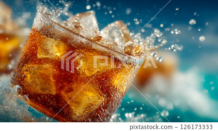 Sparkling cola drink with lime wedges and ice splashing in a glass, set against a blue ocean-themed backdrop 126173333