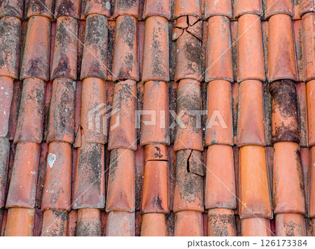 Close-up of Cracked and Weathered Terracotta Roof Tiles with Moss Texture Close-up of Cracked and Weathered Terracotta Roof Tiles with Moss Texture 126173384