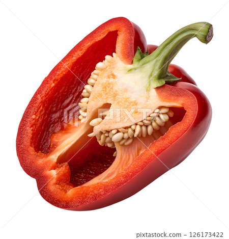 Close-up of halved red bell pepper showing crisp texture and inner seeds, healthy ingredient Close-up of halved red bell pepper showing crisp texture and inner seeds, healthy ingredient 126173422